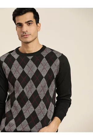 Invictus Men Black & Charcoal Grey Argyle Printed Pullover