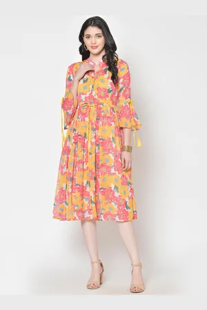 Cation Women Yellow Printed Fit and Flare Dress