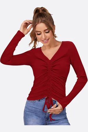 LONDON BELLY Women Maroon Solid V-Neck Long Sleeves Polyester Top