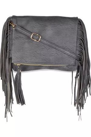 KLEIO Grey PU Oversized Structured Shoulder Bag with Fringed