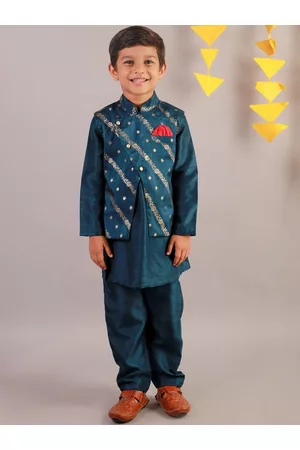 LIL DRAMA Boys Teal Floral Angrakha Kurta with Pyjamas and Jacket