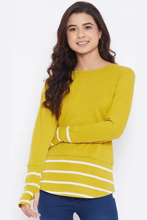 Hypernation Women Yellow Striped Extended Sleeves T-shirt