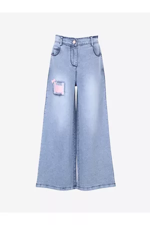 CUTECUMBER Girls Blue Bootcut Mildly Distress Light Fade Applique Stretchable Jeans