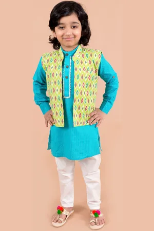 LIL PITAARA Boys Blue Embroidered Pure Cotton Kurta Trousers with Nehru jacket