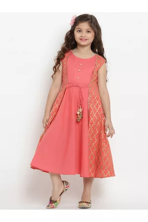 Bhama Girls Peach-Coloured Ethnic Motifs Layered Ethnic A-Line Midi Dress