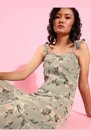 Cation Women Gorgeous Green Floral Waisted Dress