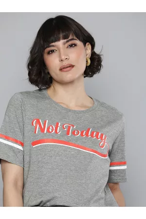 Flying Machine Women Grey Melange Typography Printed T-shirt