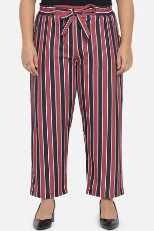 Amydus Women Plus Size Red & Black Striped Parallel Trousers