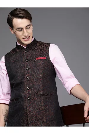 Manyavar Men Black Ethnic Motifs Woven Design Nehru Jacket