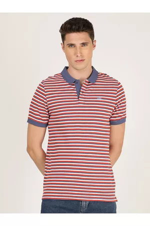 Lee Men Red & Grey Striped Polo Collar Slim Fit Cotton T-shirt