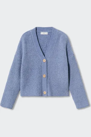 MANGO Girls Blue Solid V-Neck Cardigan