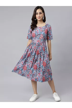 Janasya Women Blue & Pink Floral Printed Cotton Flared Midi Dress