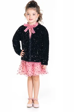 Cherry Crumble Girls Black Self Design Open Front Jacket with Sequins Detail
