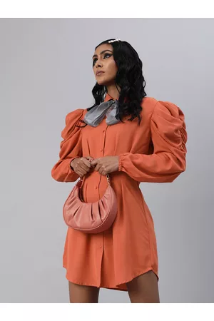KASSUALLY Women Rust Orange Solid Pleated Power Shoulder Shirt Dress