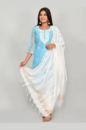 Kesarya Women Blue Ethnic Motifs Embroidered Thread Work Kurta with Trousers & With Dupatta