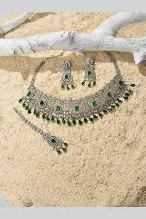 SOHI Sliver Plated Green Stone-Studded Jewellery Set
