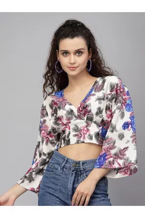 KASSUALLY Women White & Grey Floral Print Wrap Crop Top