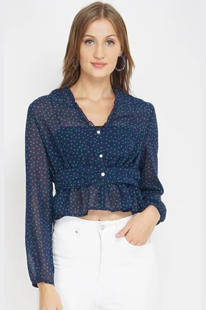 Oxolloxo Women Navy Blue Ruffles Peplum Crop Top