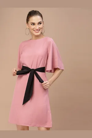 KASSUALLY Women Pink And Black Solid Waist Band Flared Sleeves A-Line Dress