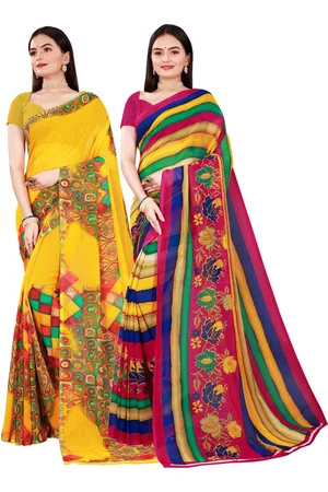 Kalini Yellow & Pink Pure Georgette Printed Saree combo pack of 2