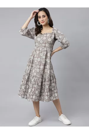 Janasya Women Floral Print Cotton Tiered Fit & Flare Dress