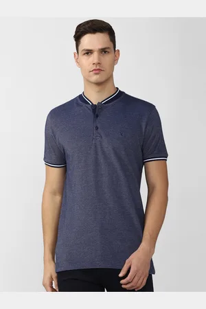 V Dot Men Navy Blue Mandarin Collar Slim Fit Cotton T-shirt