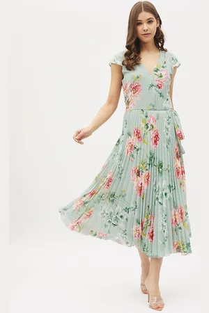 Harpa Green & Pink Floral Georgette Midi Dress