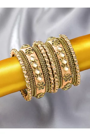 Peora Women Set of 10 Peach-Coloured Silk Thread Stone Studded Chuda Bangles