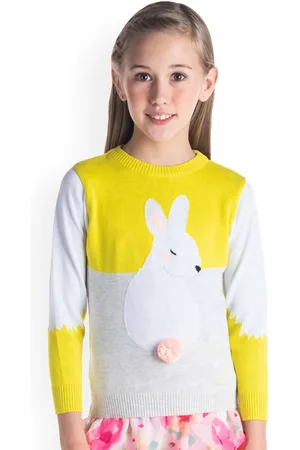 Cherry Crumble Girls Yellow & White Colourblocked Pullover Sweater