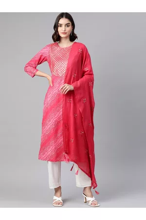 Sasimo Women Pink & Red Bandhani Printed Sequinned Cotton Kurta with Trousers & Dupatta