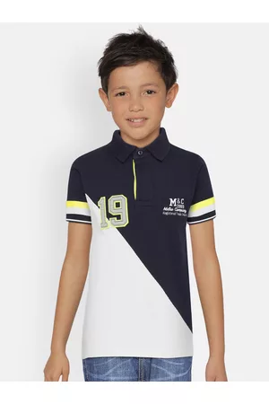 METRO KIDS COMPANY Boys Navy Blue & White Organic Cotton Colourblocked Polo Collar T-shirt