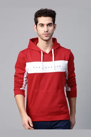 Park Avenue Men Red & White Brand Logo Print Hooded Sweatshirt with Colourblocked Detail