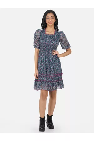 Antheaa Girls Navy Blue Floral Chiffon Smocked Frilled Fit & Flare Dress