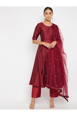 PANIT Women Maroon Ethnic Motifs Regular Sequinned Kurta with Trousers & Dupatta