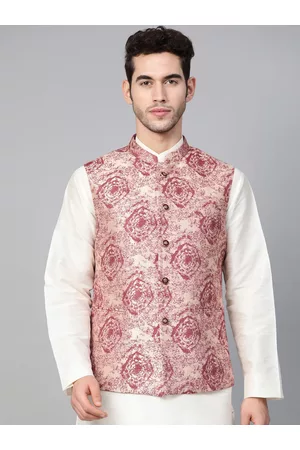 MANQ Men Woven-Design Jaquard Silk Nehru Jacket