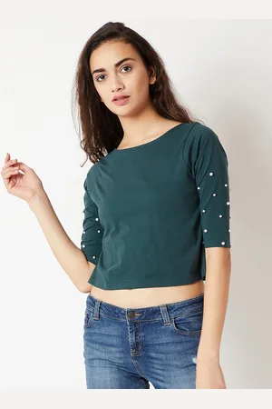 Miss Chase Women Green Embellished Pure Cotton Top