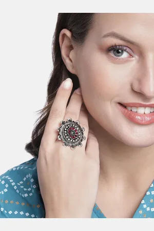 Kord Store Silver-Plated Oxidised Floral Adjustable Finger Ring