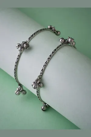 ATIBELLE Set Of 2 Oxidised Silver-Plated Textured Bangles With Ghungroo