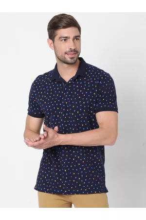 Mufti Men Navy Blue Geometric Printed Polo Collar Slim Fit Pure Cotton T-shirt