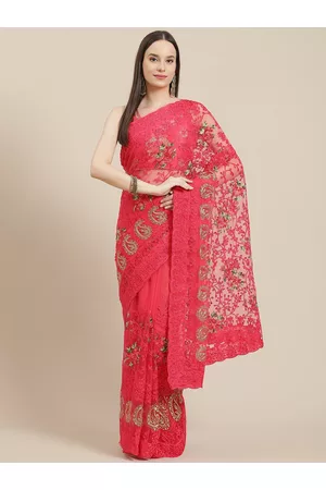 Chhabra 555 Coral & Gold-Toned Embellished Embroidered Net Saree