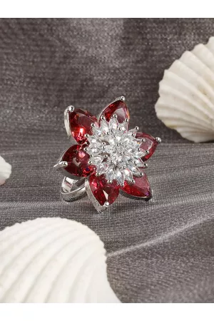 ANIKAS CREATION Silver-Plated Red & White AD-Studded Adjustable Finger Ring