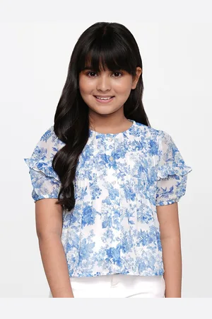 AND Girls White & Blue Floral Print Ruffles Shirt Style Top