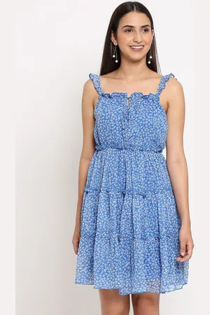 MARC LOUIS Women Blue Floral Print Shoulder Strap A-Line Dress