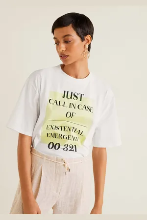 MANGO Women White & Yellow Printed Round Neck T-shirt