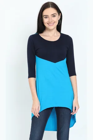 Fleximaa Women Navy Blue & Turquoise Blue Colourblocked High-Low Longline Top
