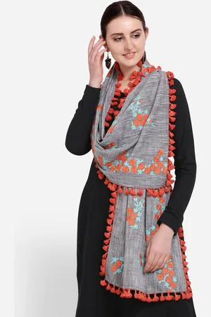 MESMORA FASHION Women Grey & Orange Embroidered Pom Pom Detail Pure Cotton Dupatta