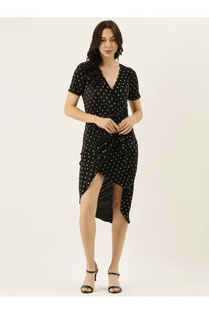Campus Women Black & Silver-Toned Printed Wrap Dress