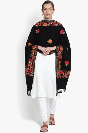 Mizash Women Black & Red Embroidered Shawl