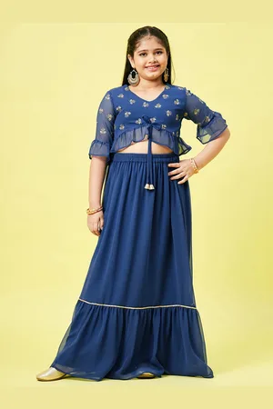 Stylo Bug Girls Blue & Gold-Toned Printed Layered Ready to Wear Lehenga & Blouse