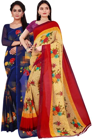 Kalini Pack Of 2 Women Beige & Navy Blue Pure Georgette Saree With Unstitched Blouse